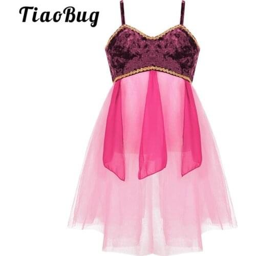 TiaoBug Kids Teens Gold Trim Mesh Ballet Leotard Latin Ballroom Dress Children Girls Skating Contemporary Lyrical Dance Costumes