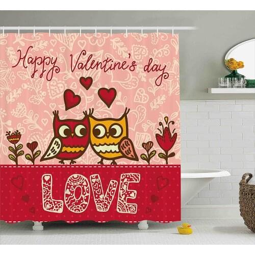 Valentines Day Shower Curtain Owls in Love Print Cute Partners Couples Bohemian Style Hearts Flowers Dots Bath Curtains