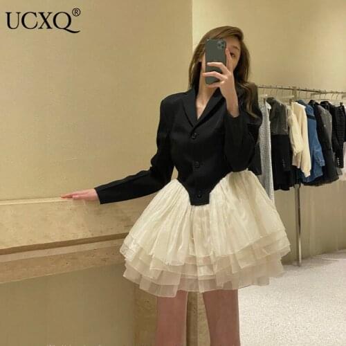 UCXQ Woman Jacket Mesh Patchwork Black Hit Color White Long Sleeve Notched Design Casual Style 2021 Autumn Korean Fashion23XF988