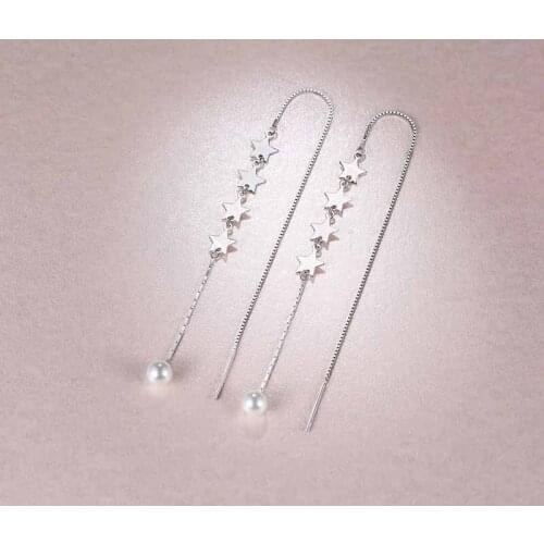 925 Sterling Silver Pentagram Long Tassel Drop Earrings For Women Korean Waterfresh Pearl Dangle Earring Line Fine Jewelry Gifts