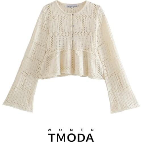 TMODA1844 Za 2021 Womens Summer Crochet Knitting Short Tops Fashion Solid color Long sleeve Buttons Ruffle Casual Elegant Female