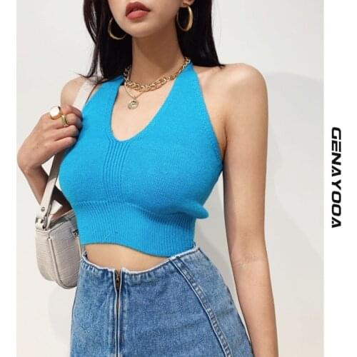 Genayooa V Neck Sexy Top 2021 Summer Korean Crop Top Women Clothes Bandage Cropped Feminino Knitted Halter Top Backless Chic