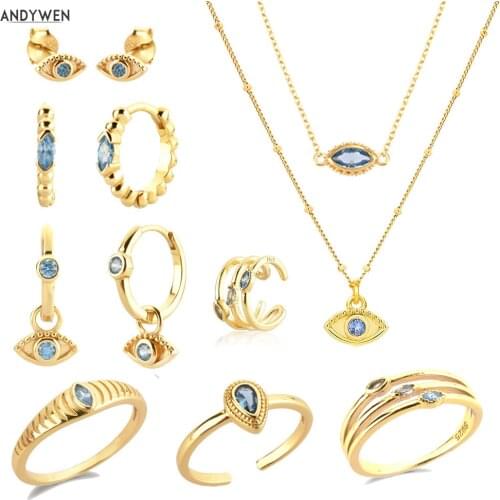 ANDYWEN 925 Sterling Silver Gold Blue Eye Zircon CZ Eye Pendant Necklace Long Choker Stud Earring Piercing Drop Ring Jewelry Set