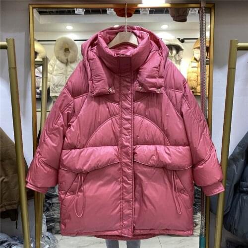 Winter Women Mid-length Hooded Rose Red Lightweight Puffer Jacket Korean Casual Loose Female 90% White Duck Down Parkas Outwear