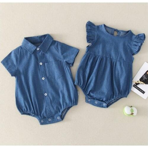 2021 Summer Baby Clothes Baby Girl Flying Sleeve Cowboy Romper Baby Boy Denim Shirt Romper Infant Kids Bodysuit