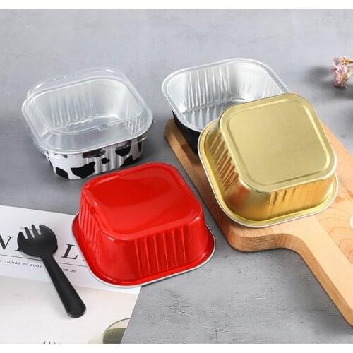 50pcs Net red baking mold aluminum foil cake cup can be oven pastry cup 300ml square favors packaging food dessert cup with lid