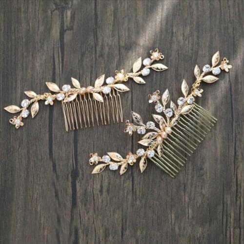 Boho Gold Floral Bridal Hair Comb Zircon Women Headpiece Pearls Jewelry Handmade Leaf Wedding Prom Accesories