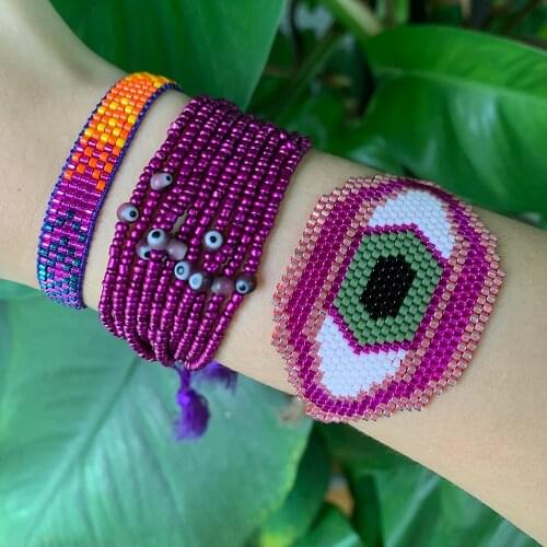BLUESTAR Turkish Evil Eye MIYUKI Bead Bracelet For Femme Purple Eye Crystal Bead Handmade Tassel Armband