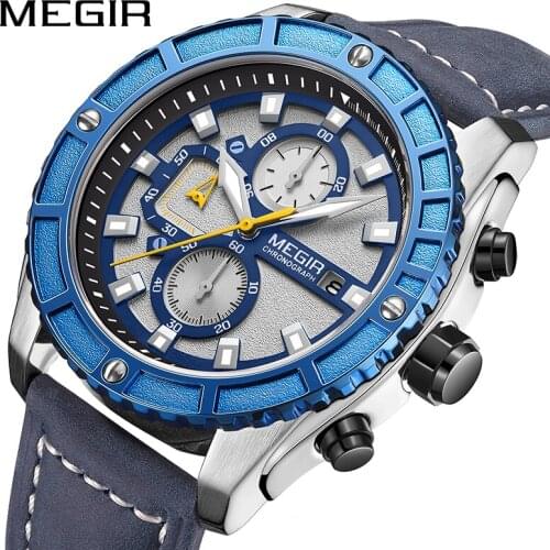 MEGIR Original Blue Mens Sports Watch with Luminous Waterproof Watches for Man Leather Band Chronograph Wristwatch Reloj Hombre