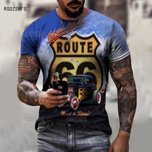 Trendy Route 66 Print Men T Shirt Highway Style Male Short Sleeve Summer Street Hip Hop Fashion Male Clothes Oversized Sportwear