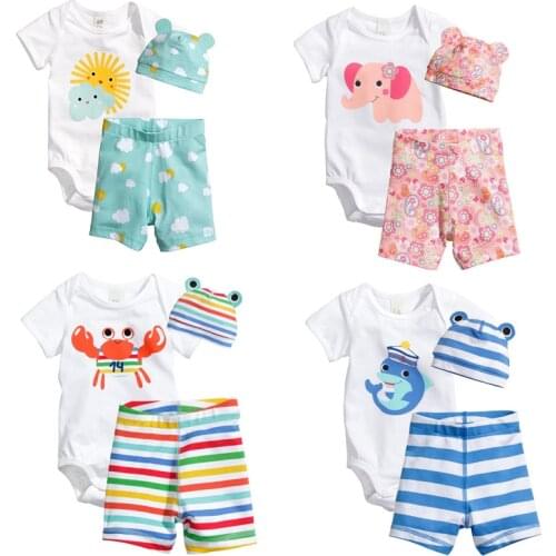 Newborn Baby Boy Girls Sets Infant Summer Casual Clothing Bodysuits+Shorts+Hat 3 Piece Suit Toddler 8 Style Cotton Costumes
