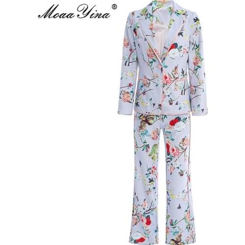 MoaaYina Fashion Designer Suit Spring Autumn Women Long sleeve Suit Tops+trousers Floral-Print Two-piece set