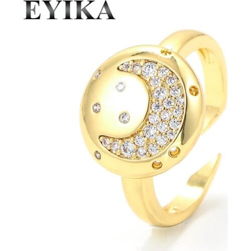 EYIKA Fashion Pave Cubic Zirconia Moon Open Ring Engagement Anniversary Ring Women Statement Round Finge Jewelry for Party/Gift