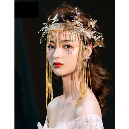 Fashion Headdress Tiaras Head Band Fairy Butterfly Pearl Bead Chain Tassels Model Show Studio Photo Shoot Decoration Accessories