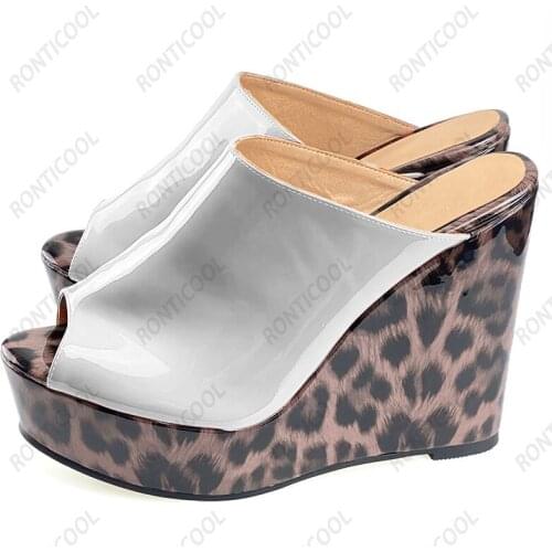 Ronticool Fashion Women Mules Sandals Patent Grey Leopard Wedges Heels Open Toe Gorgeous 9 Colors Night Club Shoes US Size 5-20