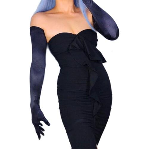 Satin Silk Gloves 70cm Elastic Mercerized Pearl Satin Black Extra Long Female Sunscreen Gloves WSG11