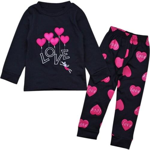 Girl’s Long-sleeved Trousers Pajamas Set Fresh Heart Printed Round Neck T-shirt and Long Pants Home Clothes