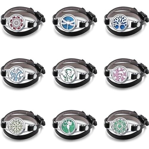Wholesale Aromatherapy Adjustable Leather Wristband Bracelet Aroma Stainless Steel Essential Oil Diffuser Open Perfume Locket