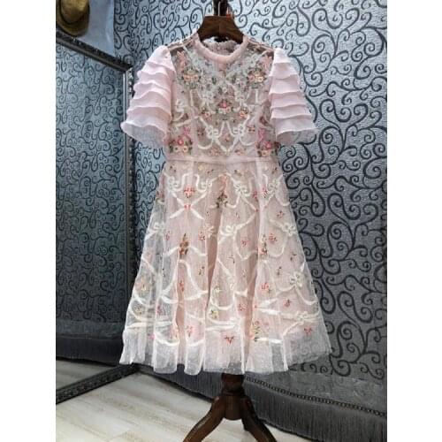 Luxury Dress 2021 Summer Party Club Women Sexy Tulle Mesh Embroidery Patchwork Short Sleeve Casual Party Gown Dress Pink Color