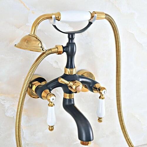 Black Oil Rubbed & Gold Brass 2 Handle Wall Mount Bathroom Bath Tub Faucet Set with 1.5M Hand Held Shower Spray Mixer Tap 2na436