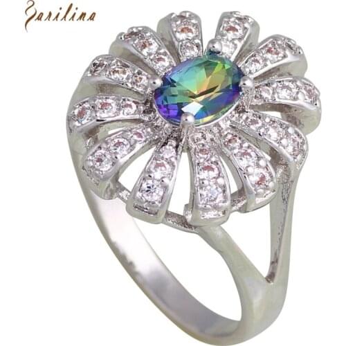 Wedding Accessories Silver Color Jewelry Rainbow Mysti Zircon CZ Rings For Womens Fashion Bijoux Size 6 7 8 9 R605
