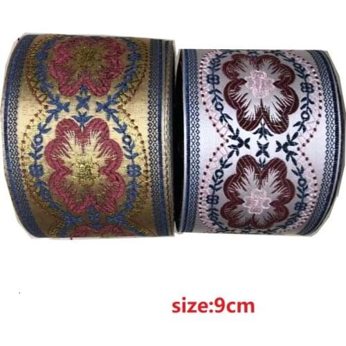 5yards/lot Woven Jacquard Ribbon 9cm flowers pattern blue and beigebbackground For curtain and clothing accessory LS-0407
