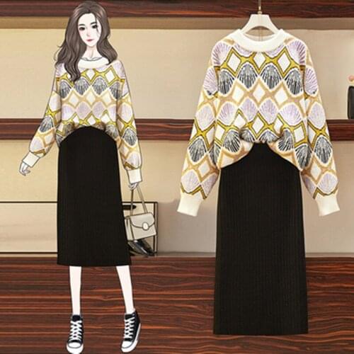 Vintage Runway Knitted Skirt and Top Set Two Piece Set Women Jacquard Pullover Sweater Black Skirts Suits Plus Size M-4XL