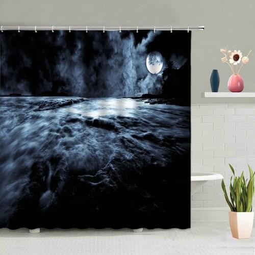 Ocean Moonlight Shower Curtain Starry Sky Sunset Scenery Bathroom Waterproof Wall Hanging Curtains Bathtub Screen Home Decor Set
