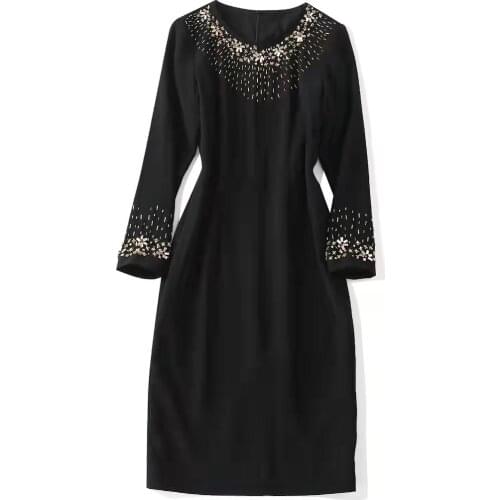 European and American womens wear new autumn 2022 Long sleeve heavy nail bead Fashion round collar Pink and black dress