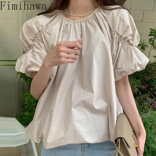 Fimihawa Women Shirt 2021 Summer Temperament Gentle Round Neck Loose Pleated Elastic Design Style Lantern Sleeve Puffy Blouses