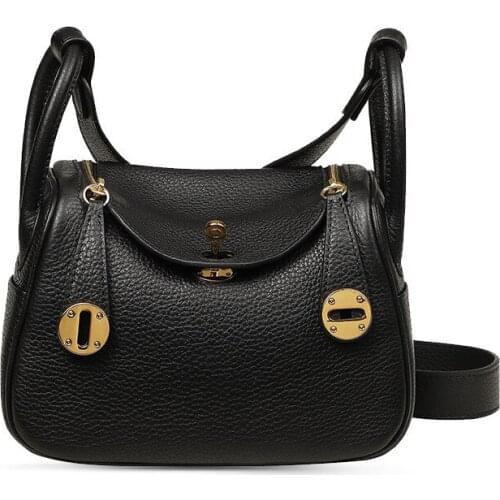 19cm Real Leather Female Tote Bag Handbag Metal Lock Crossbody Soft Genuine Leather Mini Womens Bag Doctor Bag