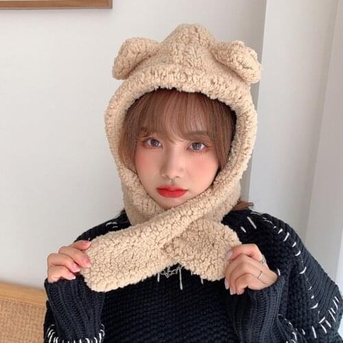 Women Winter Warm Plush Hat Scarf One-Piece Hat Scarf Sheep Ears Thermal Hooded Earflap Cute Goat Horn Cap Women Fleece Scarves