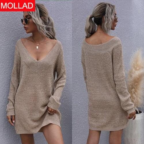 New Knitted V-neck Long Pullover Mori Style Womens Sweaters Long Sleeve Khaki Color Mid-Length Sweater Dress Spring Sweaters