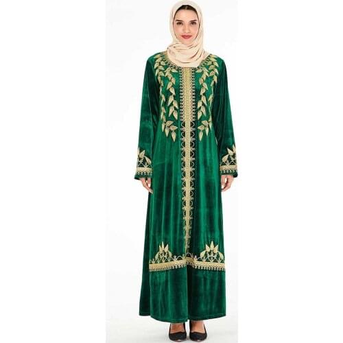 Elegant Velvet Muslim Dress Women Embroidery Big Swing A-line Maxi Dress Kimono Jubah Robe Print Abaya Dresses Islamic Clothing