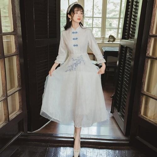 Retro Literary Dress Women 2021 Spring Autumn French Vintage Long-Sleeved Temperament Improved Cheongsam Female Daily Vestido