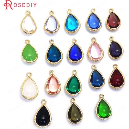 10PCS 18x11.5MM 24K Champagne Gold Color Brass and Glass Tear Drop Shape Charms Pendants Jewelry Findings Accessories