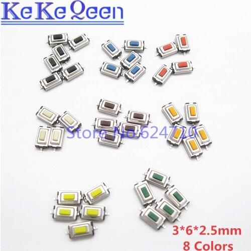 1000pcs 3*6*2.5MM Tact Touch Micro Switch 3X6X2.5MM 3*6*2.5 SMD White Red Black Black orange Green Blue Brown Button Head