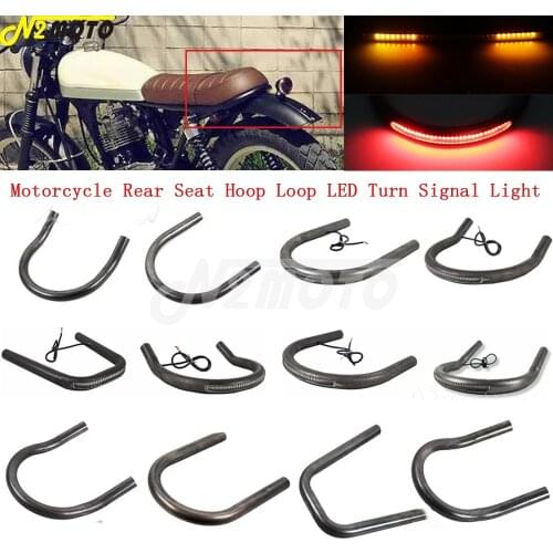 12 Size Motorcycle Flat Upswept Short Rear Seat Frame Hoop Loop LED Tail Brake Turn Signal for Harley Cafe Racer Scrambler BMW