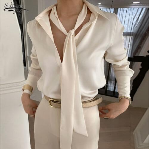 2021 Korean Lace Up Chiffon Women Shirts Tie Casual Vintage Long Sleeve Women Blouse Plus Size Loose Women Clothing Blusas 13335