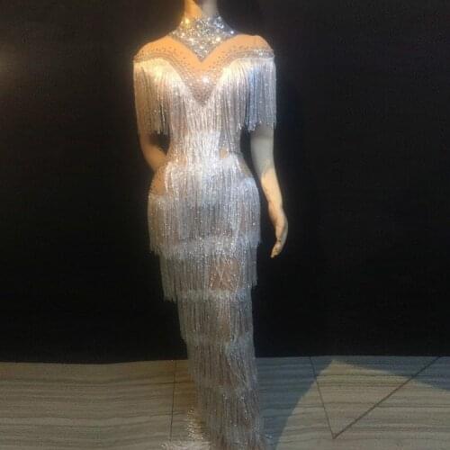 Shining Rhinestone White Fringes Perspective Long Dress Sexy Women Birthday Celebration Prom Party Dress Singer Stage Wear