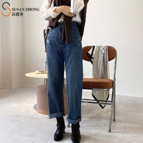Women Jeans Female Pants Denim 2021 Spring Summer New Elegant Office Casual Loose Wide Leg High Waist Zipper Fly Pocket Cotton