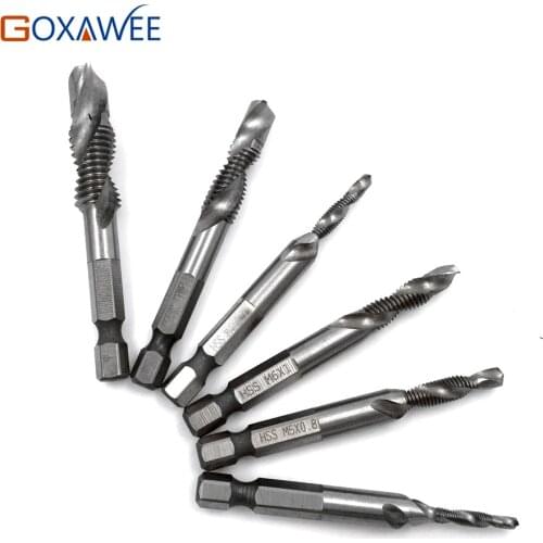 GOXAWEE 1/4'' Hex HSS High Speed Steel Thread Spiral Screw M3 M4 M5 M6 M8 M10 Metric Composite Tap Drill Bit Tap 6pcs/set
