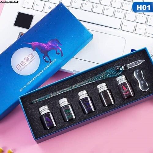 Crystal Handmade Glass Lampwork Pen With 5 Colors Ink Glass Drip Fountain Pen Calligraphy Pen Writing Dip Pens For Gifts Set