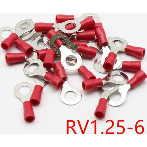 RV1.25-6 Red 22-16 AWG 0.5-1.5mm2 Insulated Ring Terminal Connector Cable Wire Connector 100PCS/Pack RV1-6 RV