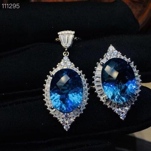 KJJEAXCMY exquisite jewelry 925 sterling silver inlaid natural Blue Topaz Pendant Necklace Ring suit support detection