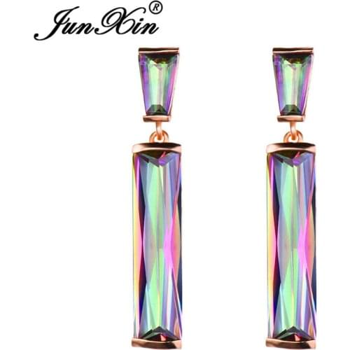 JUNXIN Mystic Fire Birthstone Rectangle Drop Earrings For Women Rose Gold Filled Purple Blue White Zircon Long Rainbow Earrings