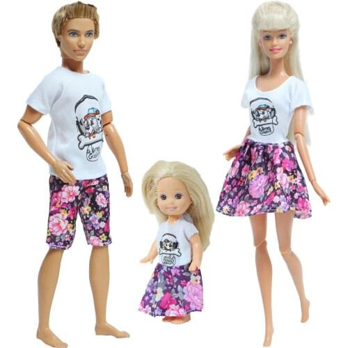 3 Set/Lot Doll Outfits Couples Family Wear Flower Summer Short Pants Dress Clothes for Barbie Doll Ken Doll for Kelly Doll Toy