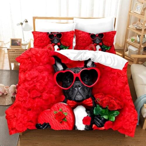 Red Funny Dog Bedding Set Heart Valentines Day 3D Print Comforter Luxury Queen King Single Duvet Cover Set Home Textile Decor