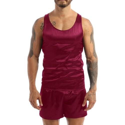 Mens Satin Pajamas Nightwear Sleeveless Tank Top Shorts Sleepwear Nightclothes Summer Nightgown Loungewear Male Daily Wear