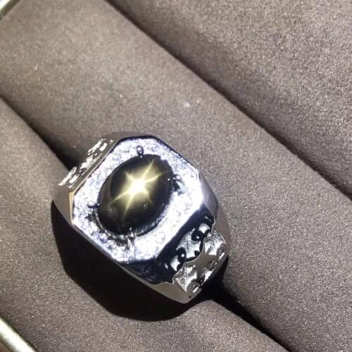 Natural starlight sapphire mens rings star line good design atmosphere 925 silver finger ring number can be customized